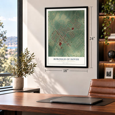 Borough of Dover, York County, Pennsylvania map, 18 x 24 inch print in a black frame in a home office