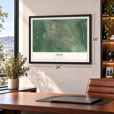 Yelm, Washington map, 18 x 24 inch print in a black frame in a home office