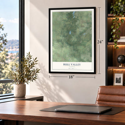 Bull Valley, Illinois map, 18 x 24 inch print in a black frame in a home office