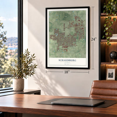 Schaumburg, Illinois map, 18 x 24 inch print in a black frame in a home office