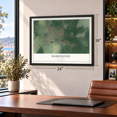 Harrington, Delaware map, 18 x 24 inch print in a black frame in a home office