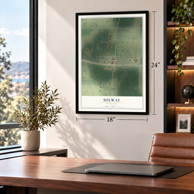 Solway, Minnesota map, 18 x 24 inch print in a black frame in a home office