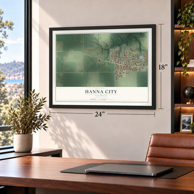 Hanna City, Illinois map, 18 x 24 inch print in a black frame in a home office