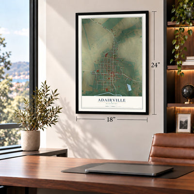 Adairville, Kentucky map, 18 x 24 inch print in a black frame in a home office