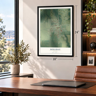 Holliday, Missouri map, 18 x 24 inch print in a black frame in a home office