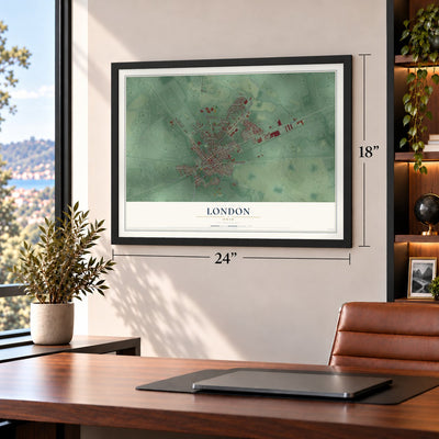 London, Ohio map, 18 x 24 inch print in a black frame in a home office