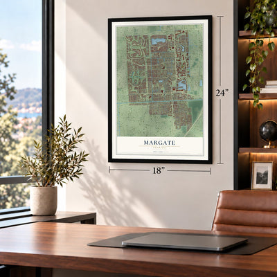 Margate, Florida map, 18 x 24 inch print in a black frame in a home office