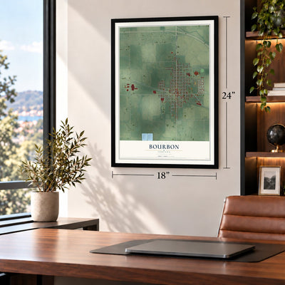 Bourbon, Indiana map, 18 x 24 inch print in a black frame in a home office