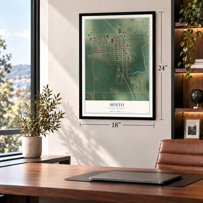 Minto, North Dakota map, 18 x 24 inch print in a black frame in a home office