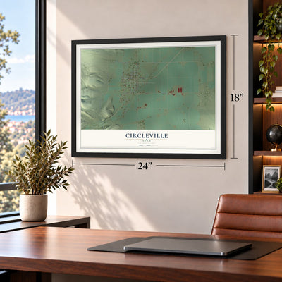 Circleville, Utah map, 18 x 24 inch print in a black frame in a home office