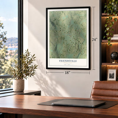Friendsville, Pennsylvania map, 18 x 24 inch print in a black frame in a home office