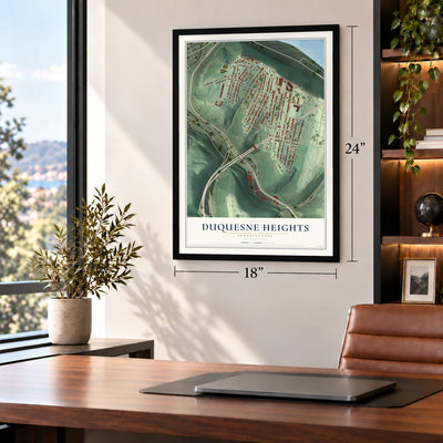 Duquesne Heights, Pennsylvania map, 18 x 24 inch print in a black frame in a home office