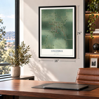 Columbus, Illinois map, 18 x 24 inch print in a black frame in a home office