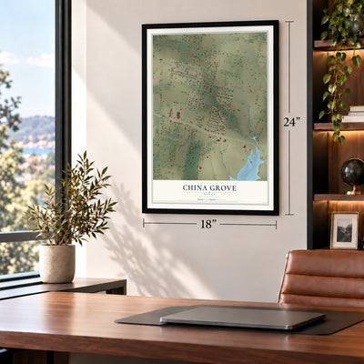 China Grove, Texas map, 18 x 24 inch print in a black frame in a home office