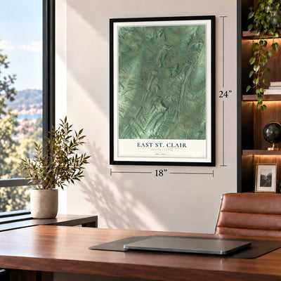 East St. Clair, Pennsylvania map, 18 x 24 inch print in a black frame in a home office
