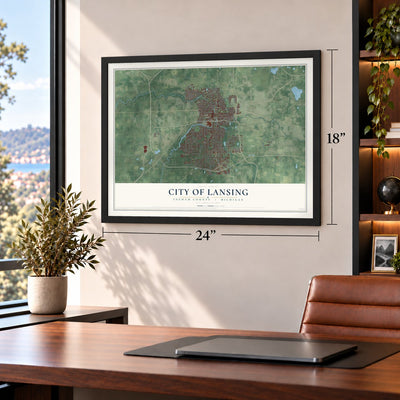 Lansing, Michigan map, 18 x 24 inch print in a black frame in a home office