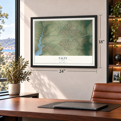 Talty, Texas map, 18 x 24 inch print in a black frame in a home office
