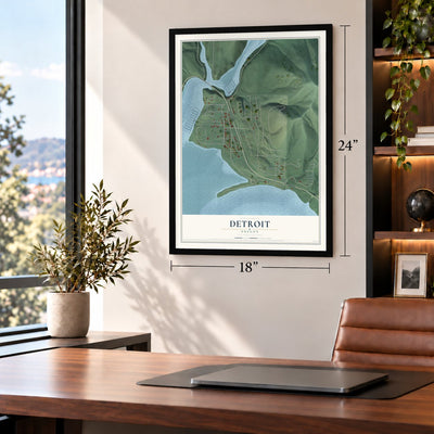 Detroit, Oregon map, 18 x 24 inch print in a black frame in a home office