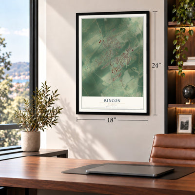 Rincon, Georgia map, 18 x 24 inch print in a black frame in a home office