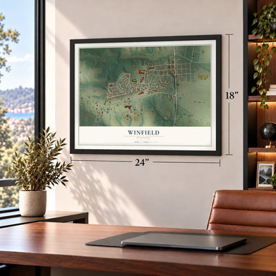Winfield, Missouri map, 18 x 24 inch print in a black frame in a home office