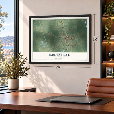 Independence, Louisiana map, 18 x 24 inch print in a black frame in a home office