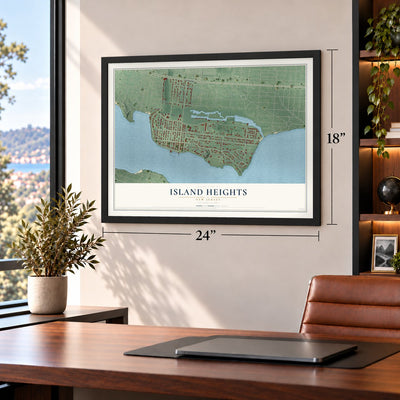 Island Heights, New Jersey map, 18 x 24 inch print in a black frame in a home office