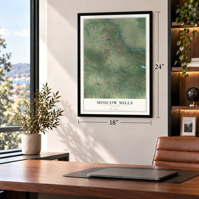 Moscow Mills, Missouri map, 18 x 24 inch print in a black frame in a home office