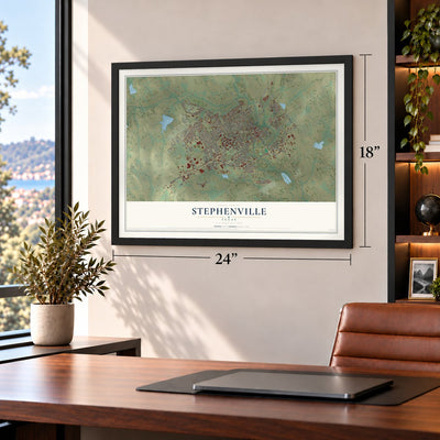 Stephenville, Texas map, 18 x 24 inch print in a black frame in a home office