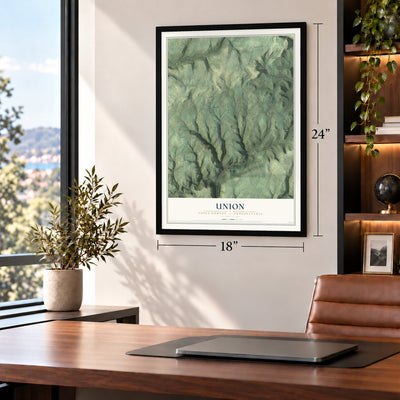 Union, Tioga County, Pennsylvania map, 18 x 24 inch print in a black frame in a home office