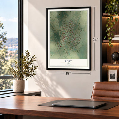 Lott, Texas map, 18 x 24 inch print in a black frame in a home office