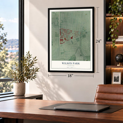 Wilson Park, Maryland map, 18 x 24 inch print in a black frame in a home office
