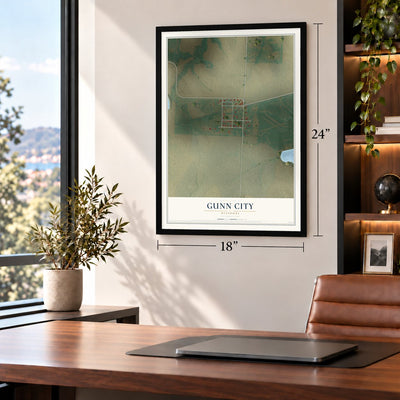 Gunn City, Missouri map, 18 x 24 inch print in a black frame in a home office