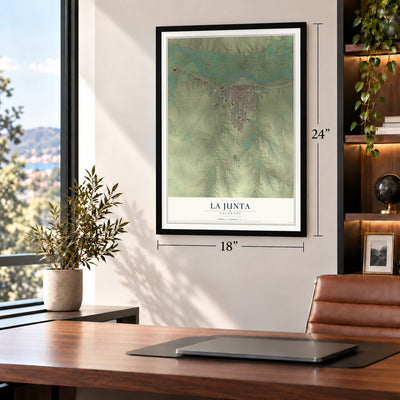 La Junta, Colorado map, 18 x 24 inch print in a black frame in a home office