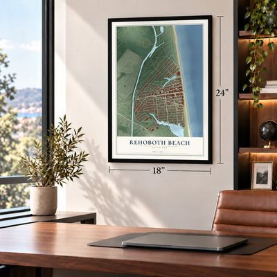 Rehoboth Beach, Delaware map, 18 x 24 inch print in a black frame in a home office