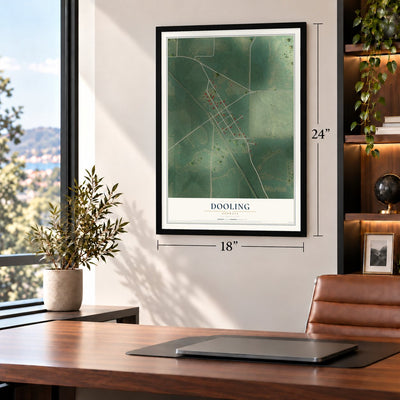 Dooling, Georgia map, 18 x 24 inch print in a black frame in a home office