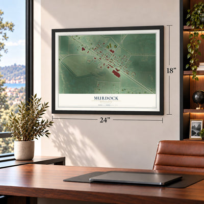 Murdock, Minnesota map, 18 x 24 inch print in a black frame in a home office