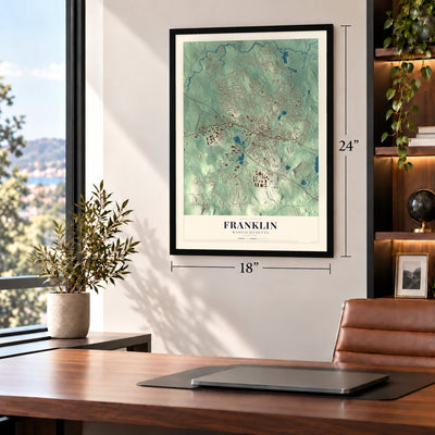 Franklin, Massachusetts map, 18 x 24 inch print in a black frame in a home office