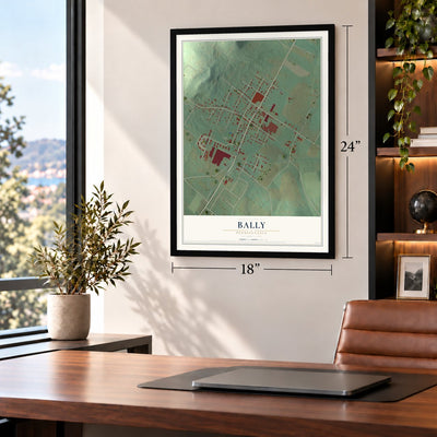 Bally, Pennsylvania map, 18 x 24 inch print in a black frame in a home office