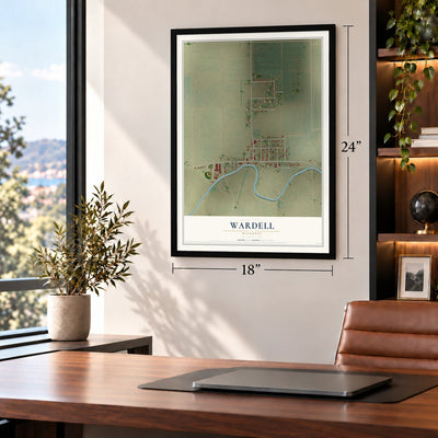 Wardell, Missouri map, 18 x 24 inch print in a black frame in a home office