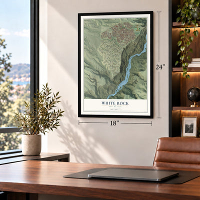 White Rock, New Mexico map, 18 x 24 inch print in a black frame in a home office