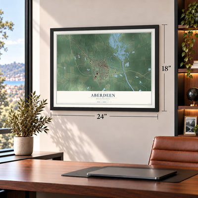 Aberdeen, Mississippi map, 18 x 24 inch print in a black frame in a home office