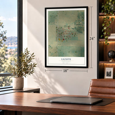 Lignite, North Dakota map, 18 x 24 inch print in a black frame in a home office