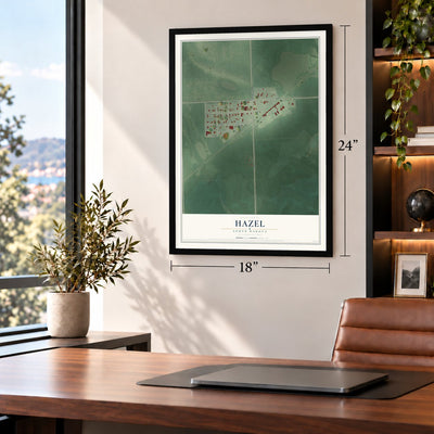Hazel, South Dakota map, 18 x 24 inch print in a black frame in a home office
