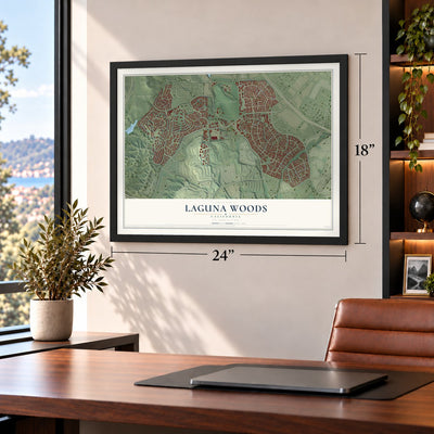 Laguna Woods, California map, 18 x 24 inch print in a black frame in a home office