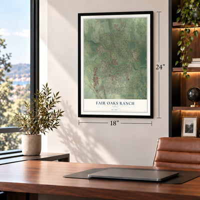 Fair Oaks Ranch, Texas map, 18 x 24 inch print in a black frame in a home office