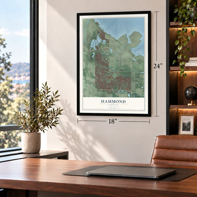 Hammond, Indiana map, 18 x 24 inch print in a black frame in a home office