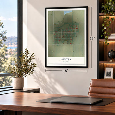 Almyra, Arkansas map, 18 x 24 inch print in a black frame in a home office