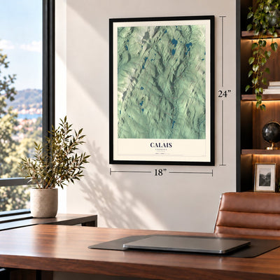 Calais, Vermont map, 18 x 24 inch print in a black frame in a home office