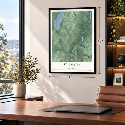 Stillwater, New York map, 18 x 24 inch print in a black frame in a home office