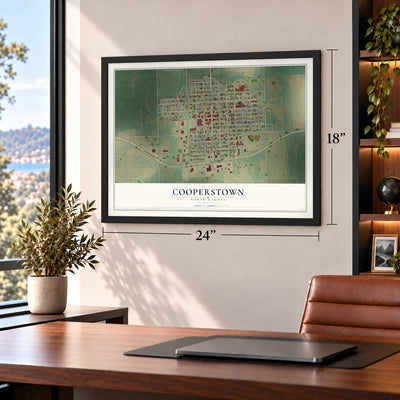 Cooperstown, North Dakota map, 18 x 24 inch print in a black frame in a home office